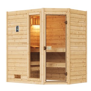Weka Ecksauna Valida aus Fichte mit Glastür, 4,5 kW Ofen und Zubehör-Set.