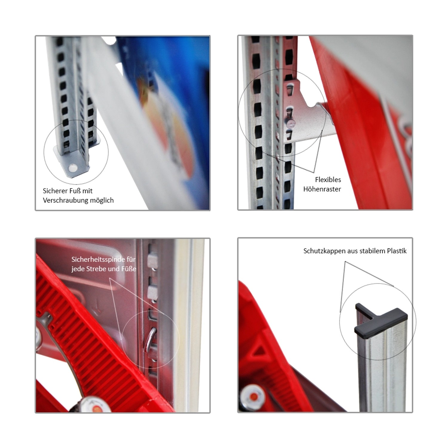 Details des PROREGAL Getränkekistenregals: Fuß, Höhenraster, Sicherheitsspinde und Schutzkappen.