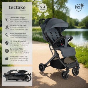 Tectake Buggy Kinderwagen Finn Einhand Klappmechanismus  Mit 5 Punkt Gurt  Feststellbremse  Schutzbügel Verstellbare Rückenlehne und Beinablage  Faltb
