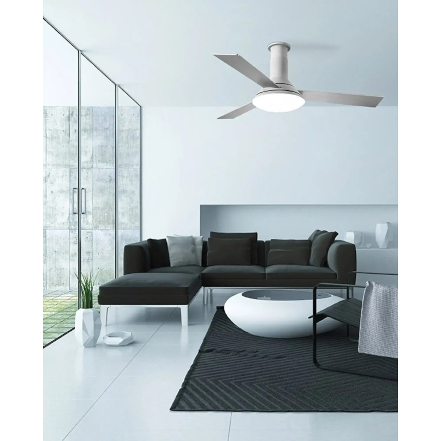 Grauer LEDS-C4 Deckenventilator Fus 132 cm mit LED-Beleuchtung in modernem Wohnzimmer.