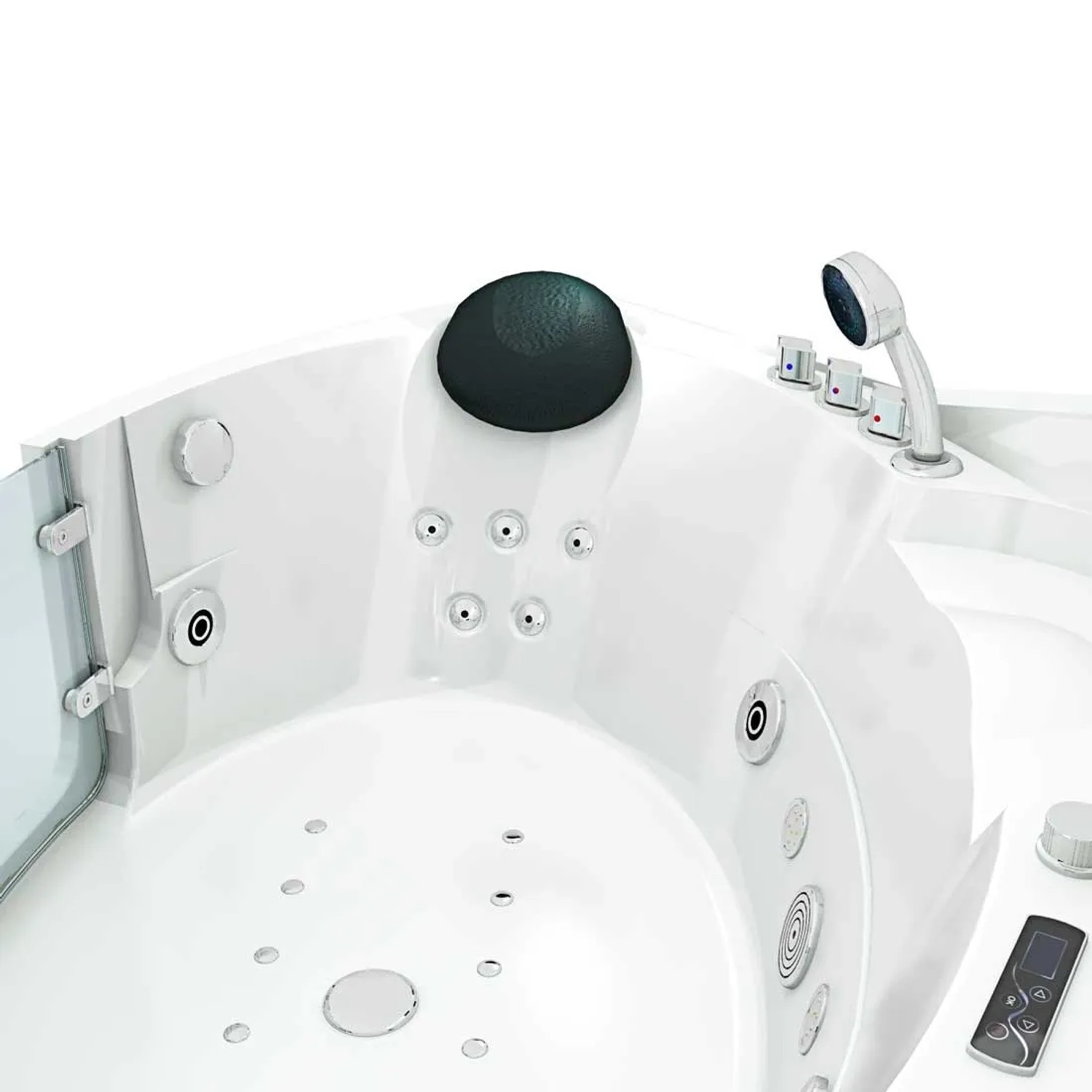 AcquaVapore Eck-Whirlpool W60-SC 140x140 mit Tür, Bedienelementen und Handbrause.