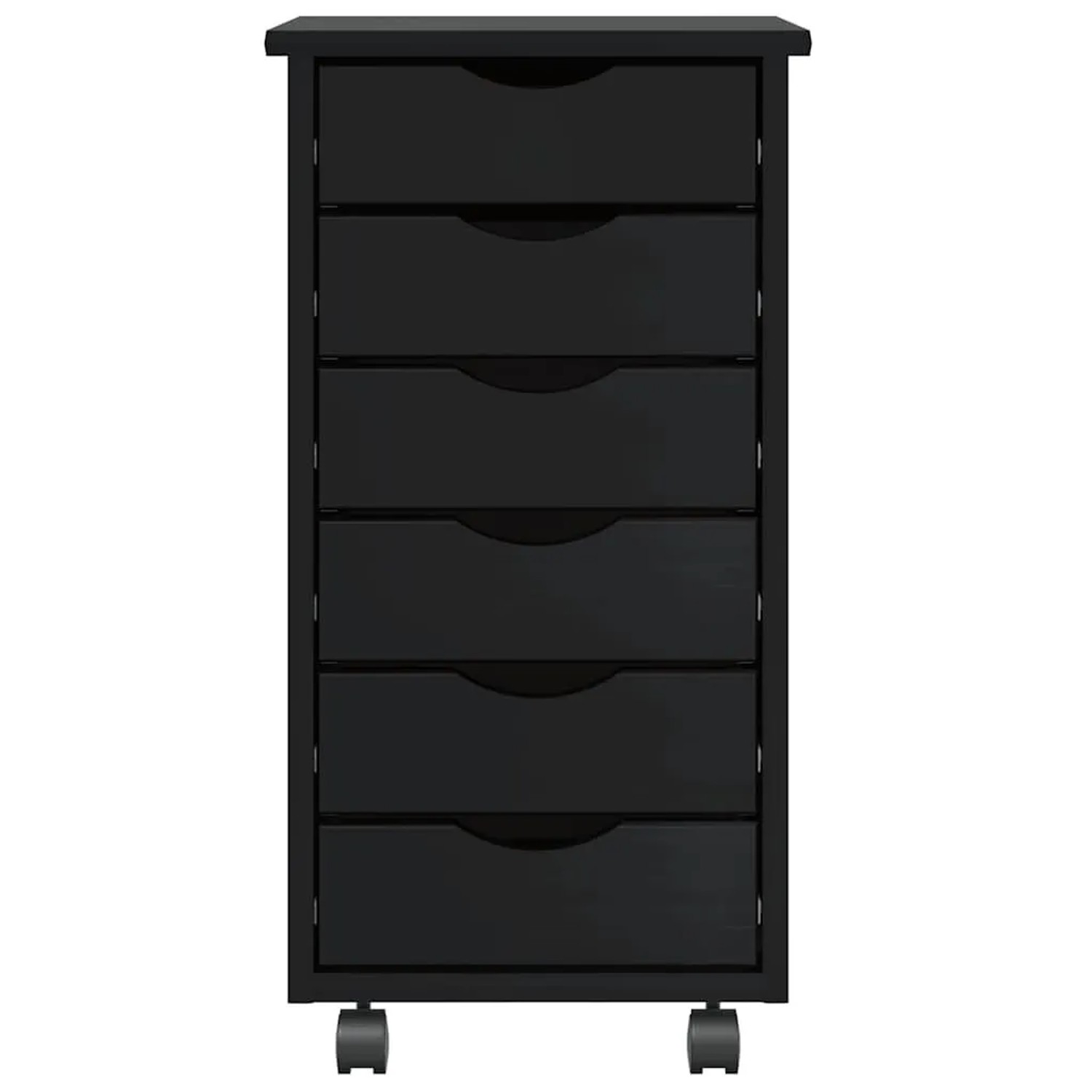 Schwarzer vidaXL Rollschrank MOSS mit 6 Schubladen aus Kiefernholz für Wohnzimmer.