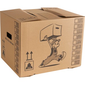 Brauner Umzugskarton, 37 l, 41x31x30 cm, mit Tragegriffen und Comic-Motiv.