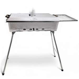 Schaschlikgrill Astana Deluxe aus Edelstahl mit Deckel, Grillrost und Ablage. Ideal für Grillpartys.