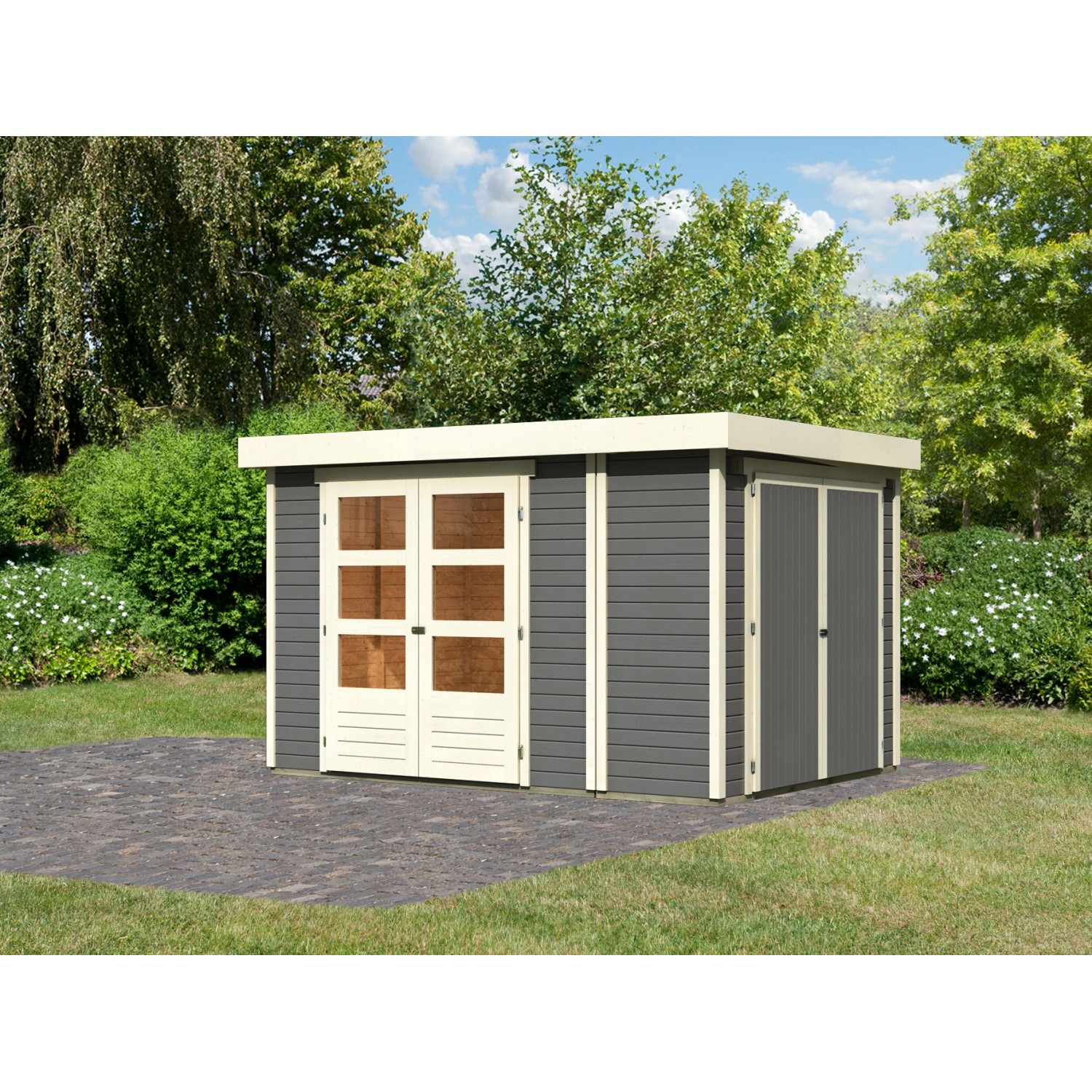 Karibu Gartenhaus Set Retola 4 Terragrau mit Anbauschrank 5,76 m² günstig online kaufen