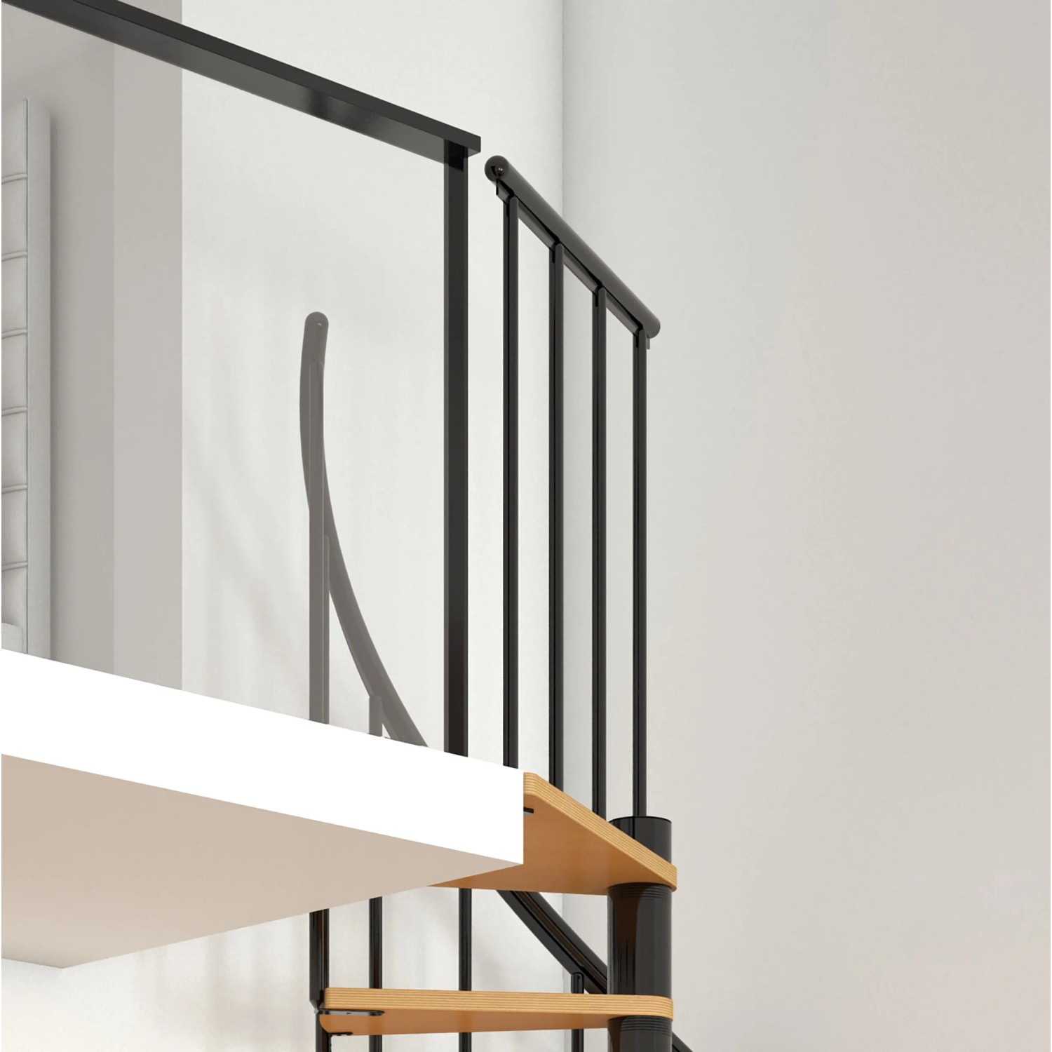 Dolle Spindeltreppe Calgary, Ø 120 cm, anthrazitfarbene Metallelemente und Holzstufen.