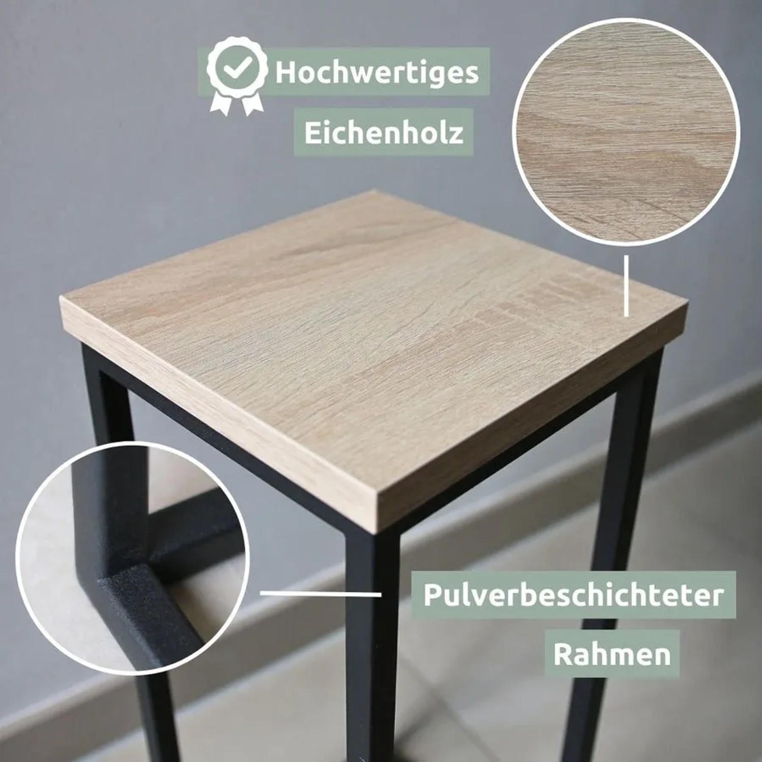 Holz4home Blumenständer Sonoma Eiche, 50 cm. Dekosäule mit schwarzem Metallgestell für Pflanzen.