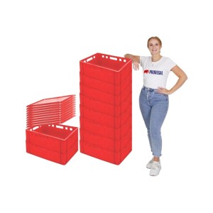 Rote PROREGAL Eurobehälter E2 Fleischerkisten (41L) mit Deckel, gestapelt und einzeln.