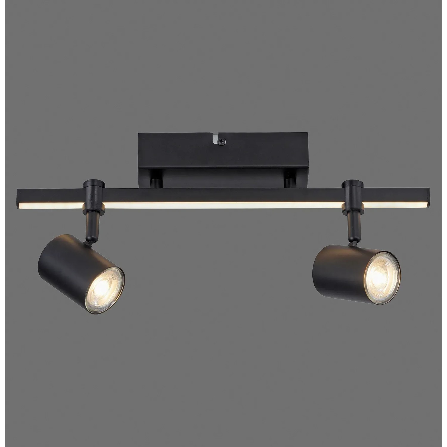 Schwarze Paul Neuhaus Barik Wand-/Deckenleuchte mit 2 Spots und LED-Leiste.