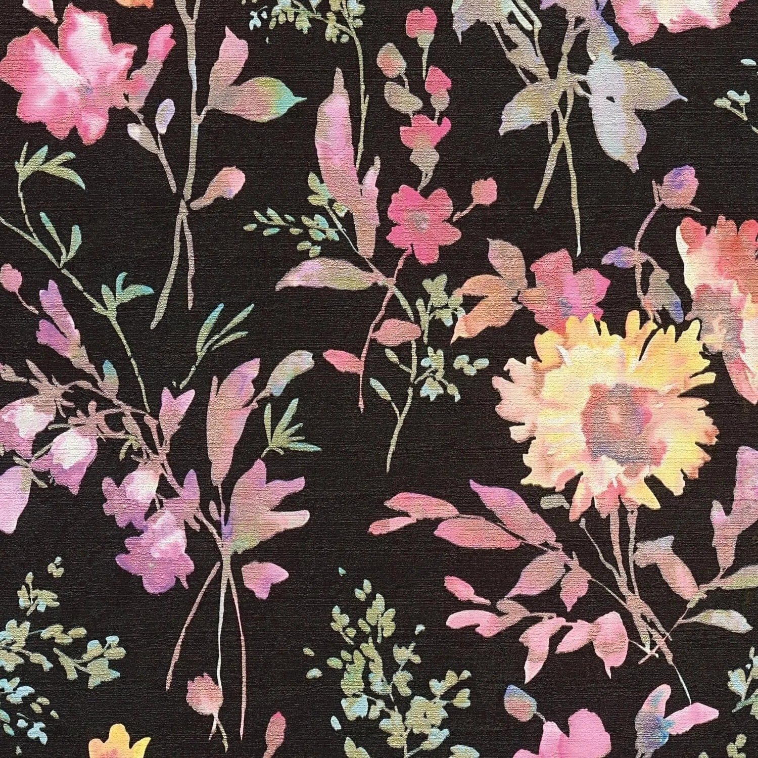 PROFHOME 790612-GU Blumen Tapete Metallische Akzente Schwarz Rosa Gelb 0,53 m x 10,05 m 5,33 m2