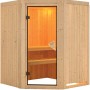 Karibu Sauna Natur aus Fichte mit Glastür und zwei Liegen. Massivholzsauna für entspannte Stunden.