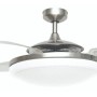 BEACON Deckenventilator mit Chrom-Gehäuse, transparenten Flügeln und Milchglasleuchte.