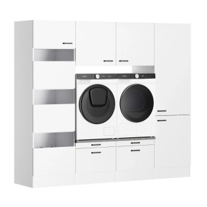 Weißes OPTIFIT Waschsäulen-Set Bonn214 mit Waschmaschine und Trockner, Hauswirtschaftsraummöbel.
