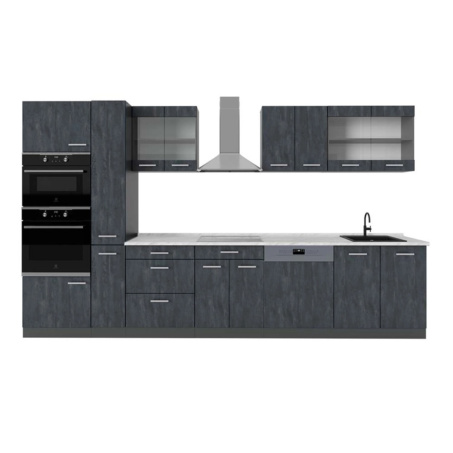 Vicco R-Line Komplettküche Schwarz Beton/Anthrazit 350 cm AP Marmor günstig online kaufen