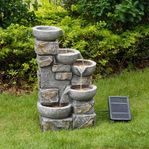Grauer 69 cm Teamson Home Gartenbrunnen mit 5 Kaskaden, Steinoptik und LED-Beleuchtung.