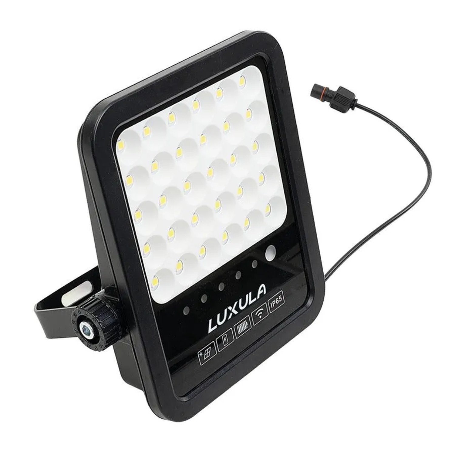 Schwarzer LUXULA LED Solarstrahler mit Akku, 1650 Lumen, kaltweiß, für Garten und Außenbereiche.