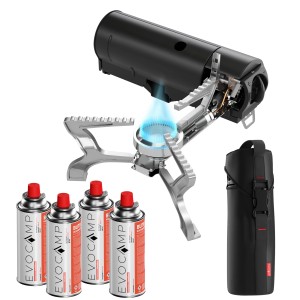 Evocamp Gaskocher Set: Klappbarer Campingkocher mit Gaskartuschen und Tragetasche.