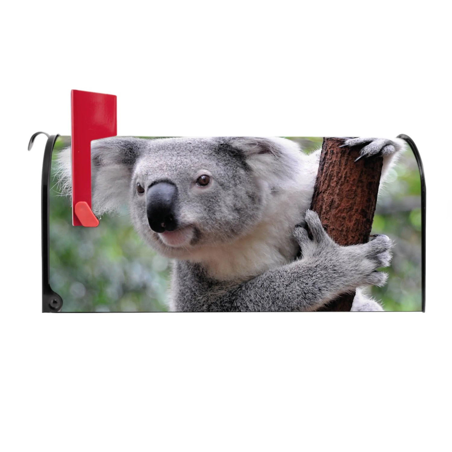 Schwarzer US Briefkasten mit Koala Motiv. Amerikanischer Postkasten mit roter Fahne.