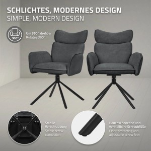 Zwei anthrazitfarbene ML-Design Esszimmerstühle mit Stoffbezug, 360° drehbar, auf schwarzen Metallbeinen. Modernes Design.