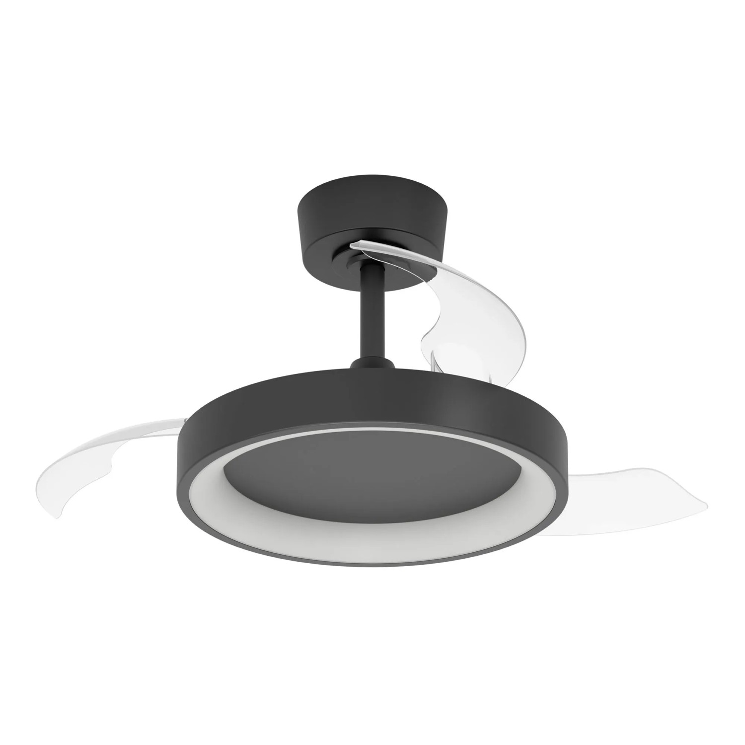 Schwarzer Eglo LED-Deckenventilator Torreya mit transparenten Flügeln und integrierter LED-Leuchte.
