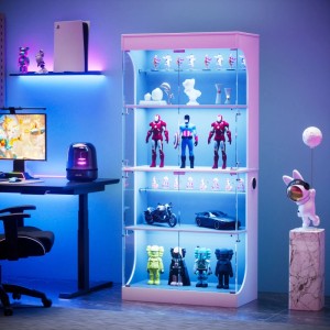 Weiße Glasvitrine 80x35x165cm mit vier LED-beleuchteten Glasböden, ideal für Sammlerstücke im Wohnzimmer.
