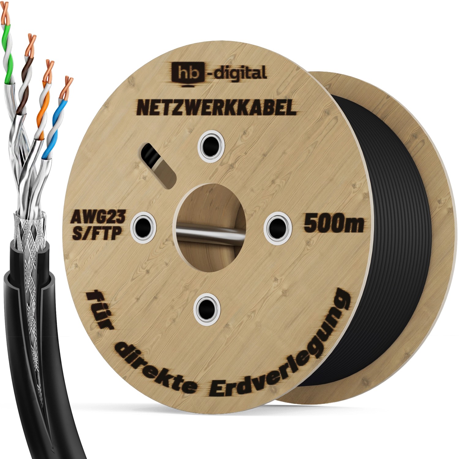 hb-digital 500m CAT 7 Erdverlegekabel Doppelmantel S/FTP PVC + LLDPE AWG23 für Außenbereich