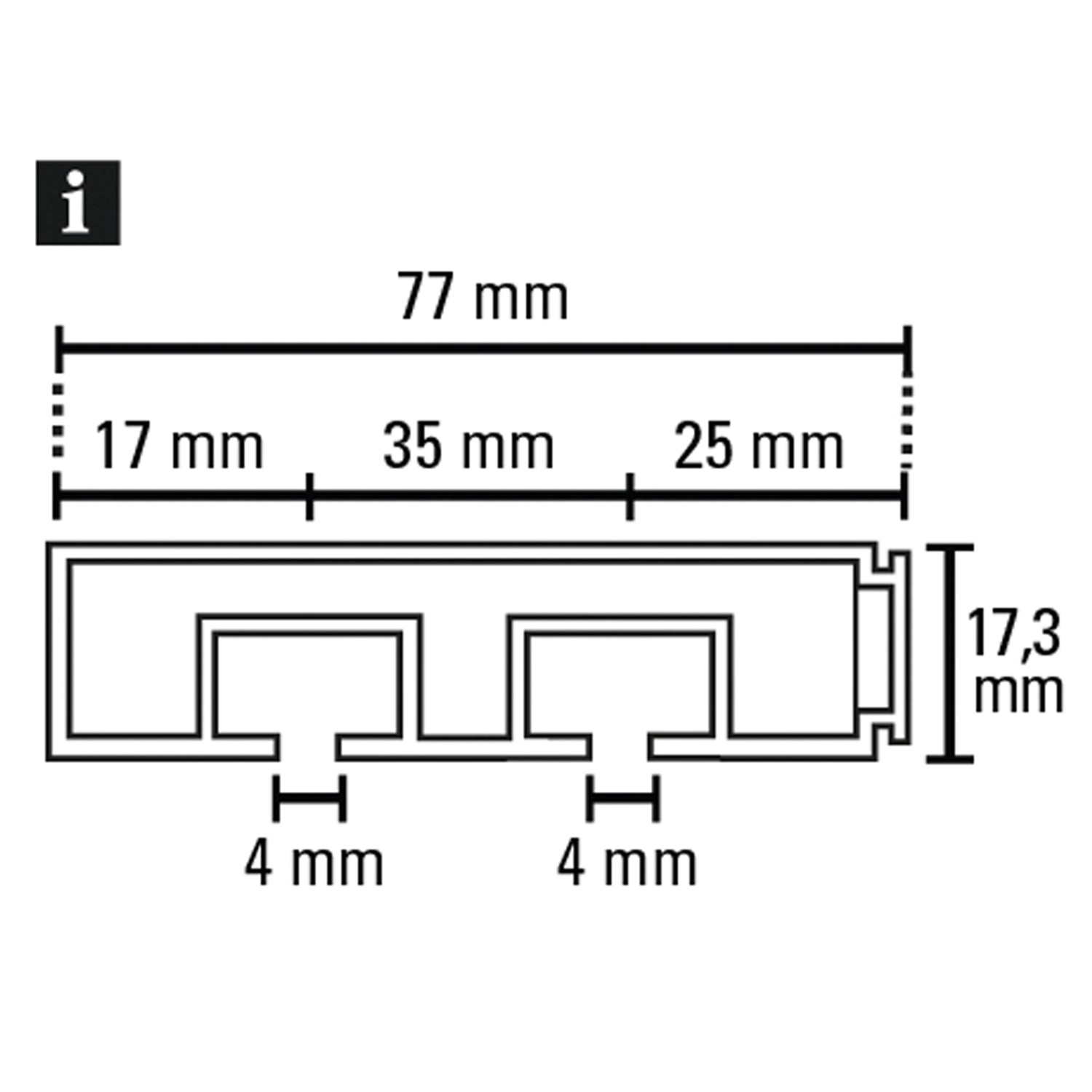 Technische Zeichnung Gardinia Vorhangschiene 2-läufig GE2 Weiß, Maße: 77x17,3 mm.