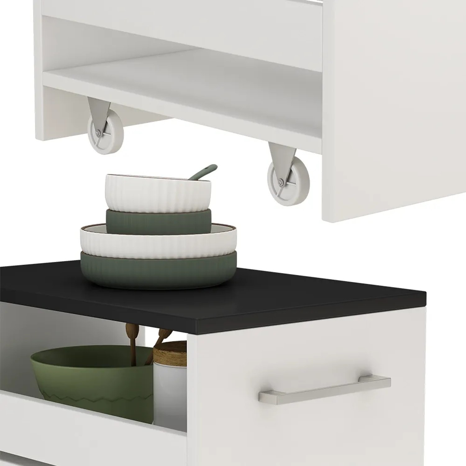 Vicco Rollregal Rivo, rollbare Küchen-Minibar in Weiß/Anthrazit, Detailansicht.