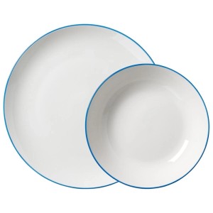 Weißes Porzellan-Tafelservice Adela mit blauem Rand, bestehend aus Speise- und Suppenteller.