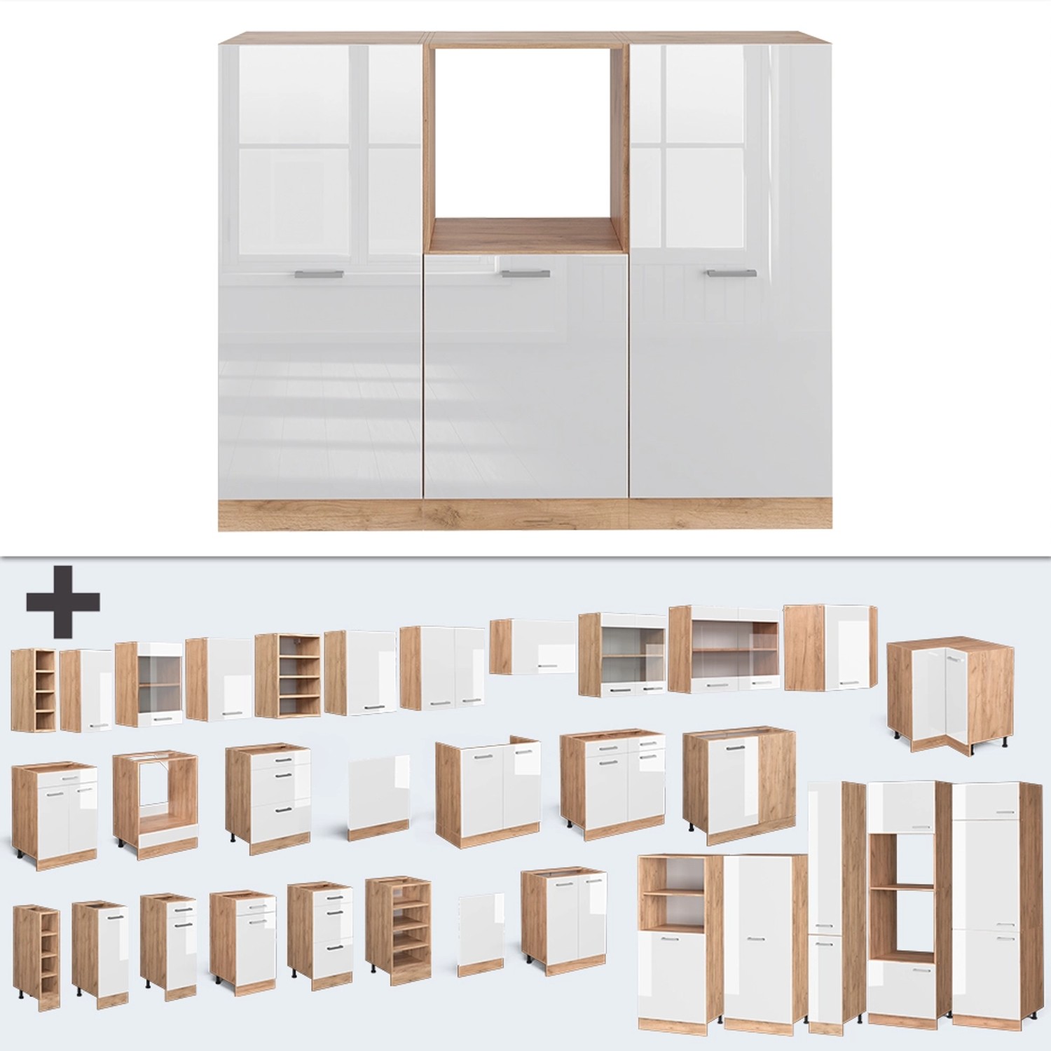 Vicco R-Line Küchenblock 180cm, Weiß Hochglanz/Goldkraft Eiche, ohne Arbeitsplatte, verschiedene Module.