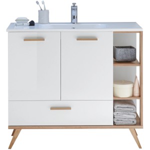 Pelipal Waschtischunterschrank Quickset 923, 100,5 cm, Weiß Glanz mit Holzgriffen und Ablagefächern.