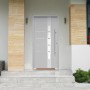 Graue Splendoor Sicherheits-Haustür Berlin Prime RC2K mit Edelstahlgriff und Glaseinsatz.