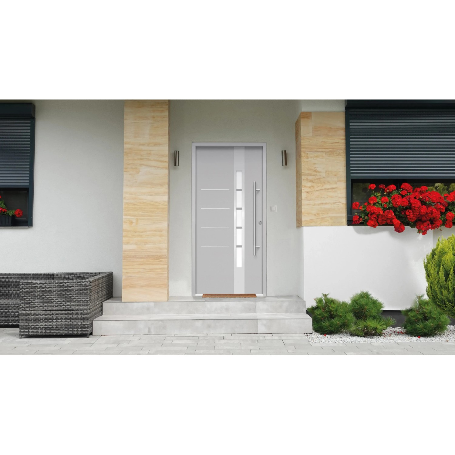 Graue Splendoor Sicherheits-Haustür Berlin Prime RC2K mit Edelstahlgriff und Glaseinsatz.