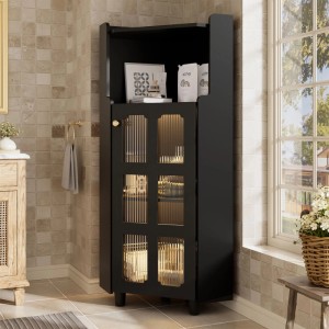 PXloue Eckschrank Schwarz mit LED Beleuchtung, Glasfront und offenem Fach. Modernes Design für Bad oder Wohnzimmer.