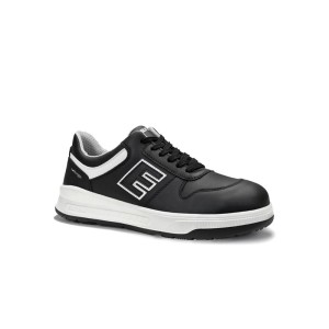 Schwarzer ELTEN Sicherheitshalbschuh JAMAIN XXST Low S3S mit weißer Sohle und Logo.