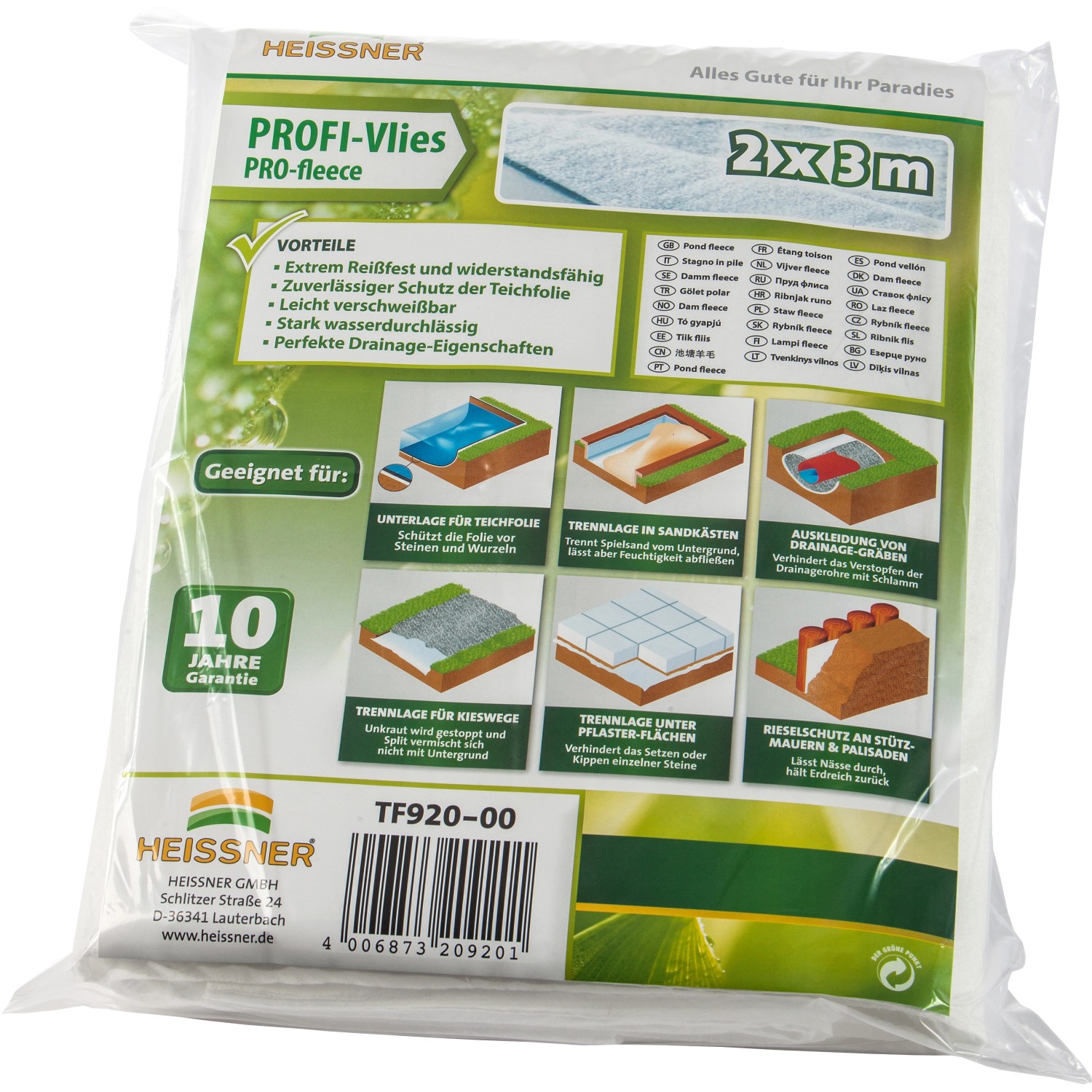 Verpacktes Heissner Profi-Teichvlies Extra Strong, 4x4m, zum Schutz der Teichfolie vor Beschädigungen.