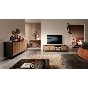 TV-Lowboard Bello 175 cm Schwarz / Wotan Eiche Lamelle mit LED