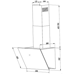 Technische Zeichnung Respekta CH89060W Kopffreihaube, 60 cm, weiße Dunstabzugshaube mit Maßen.