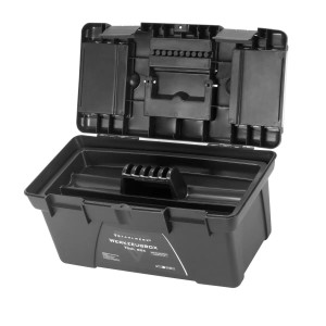 Offene, schwarze STAHLWERK Werkzeugkiste mit Fächern im Deckel. Werkzeugschrank-Zubehör.