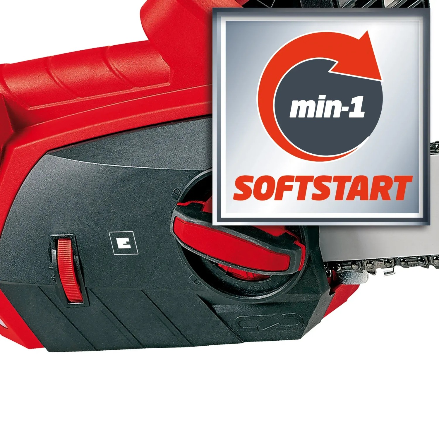 Detailaufnahme der Einhell GE-EC 2240 Elektro-Kettensäge mit Softstart-Funktion.