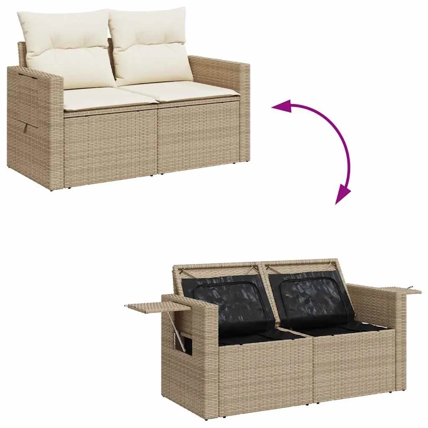 8-tlg. Garten-Sofagarnitur Beige Poly Rattan mit Kissen und Stauraum unter den Sitzen.