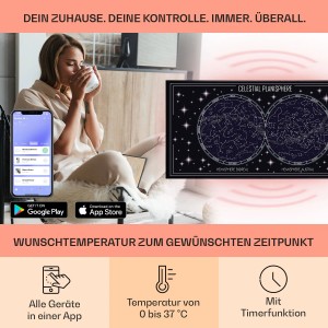 Frau steuert Klarstein Wonderwall Air Art Smart Infrarotheizung mit Himmelskarte per App. Wandheizkörper 700W, Smart Home.