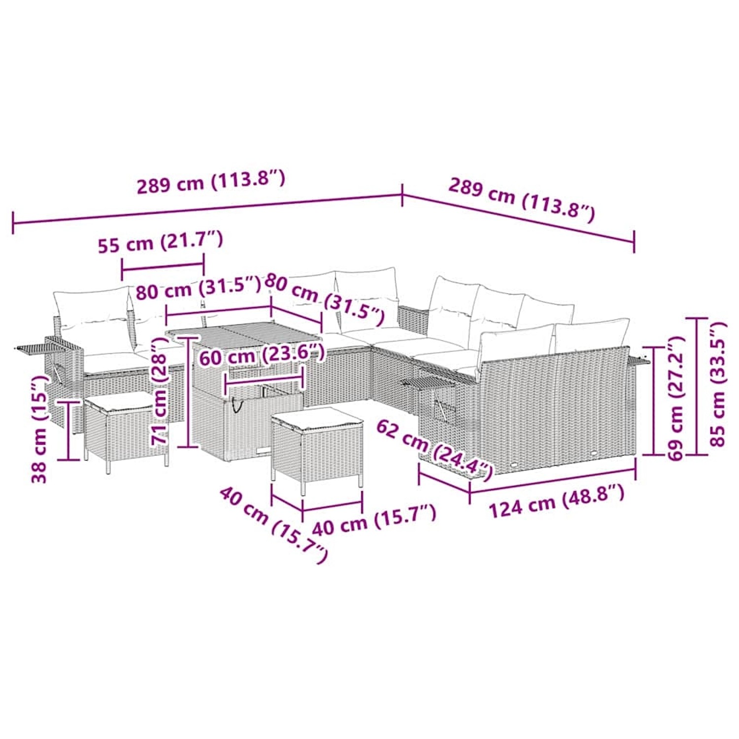 vidaXL Gartenmöbel-Set, 13-teilig, beige Poly Rattan, mit Maßen.