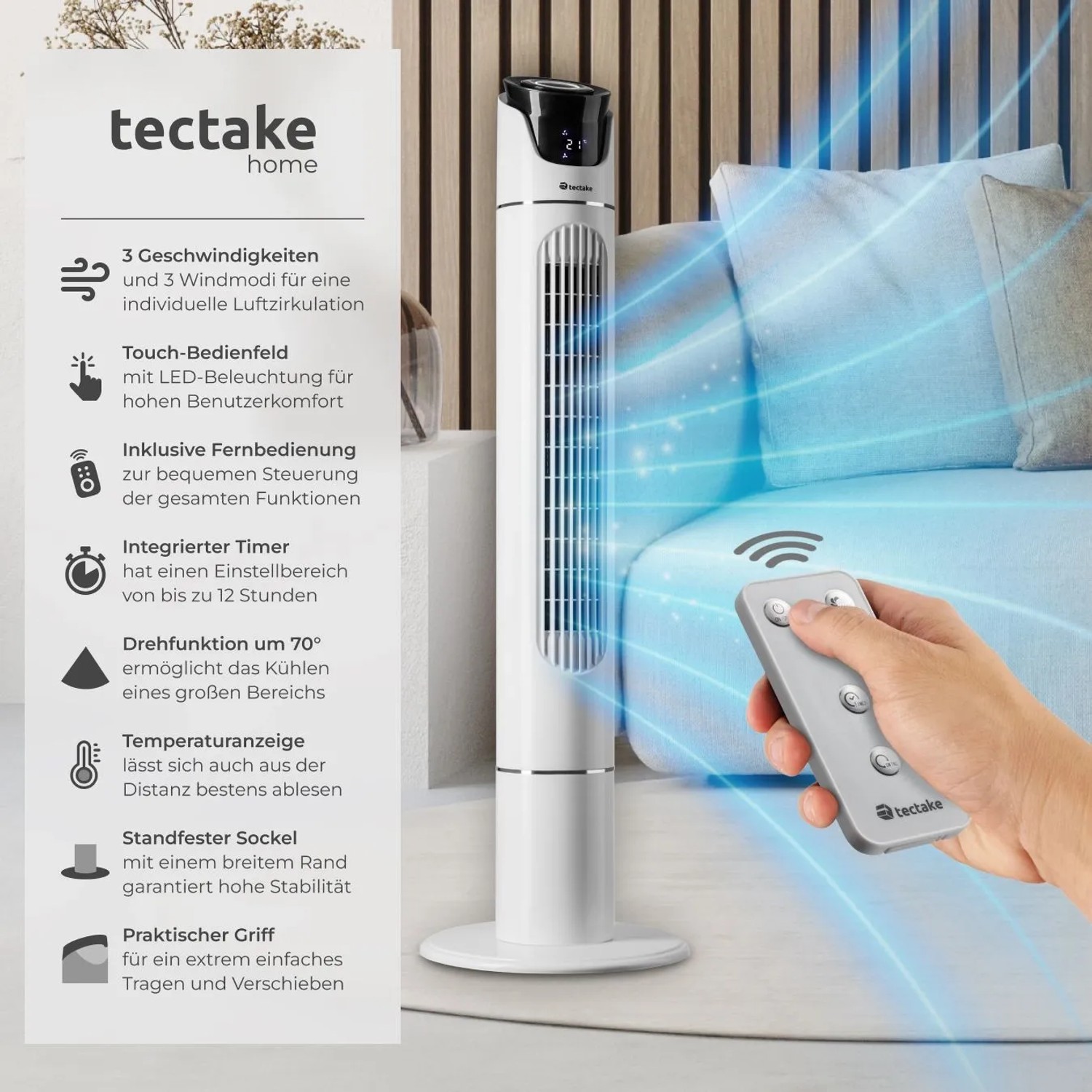 Weißer Tectake Turmventilator mit Fernbedienung, oszillierend, 3 Modi und Geschwindigkeitsstufen.