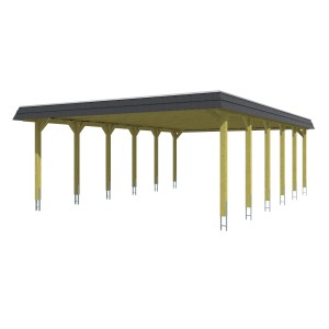 Skan Holz Doppelcarport Spreewald mit Walmdach und schwarzer Blende, Holzkonstruktion.