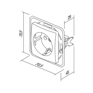 Technische Zeichnung einer silbernen Schuko Steckdose (TEM EKONOMIK) ohne Rahmen mit Maßangaben.