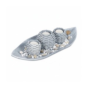 Relaxdays Teelichthalter Set MDF Grau Weiß mit Dekoschale Inklusive Teelichtern 7,5 cm x 38,5 cm x 16 cm 0,7 kg