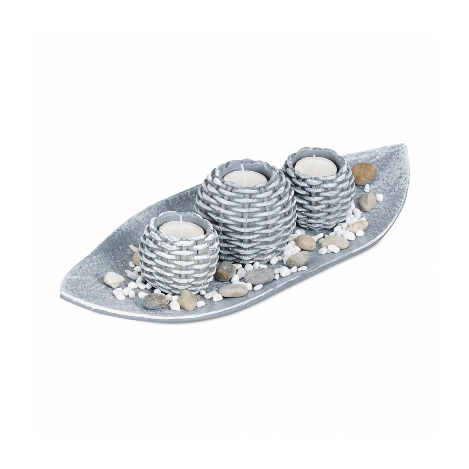 Relaxdays Teelichthalter Set MDF Grau Weiß mit Dekoschale Inklusive Teelichtern 7,5 cm x 38,5 cm x 16 cm 0,7 kg
