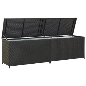 Schwarze VidaXL Gartenbox aus Rattan, 200x50x60 cm, mit geöffnetem Deckel. Universalbox für Gartenmöbel.