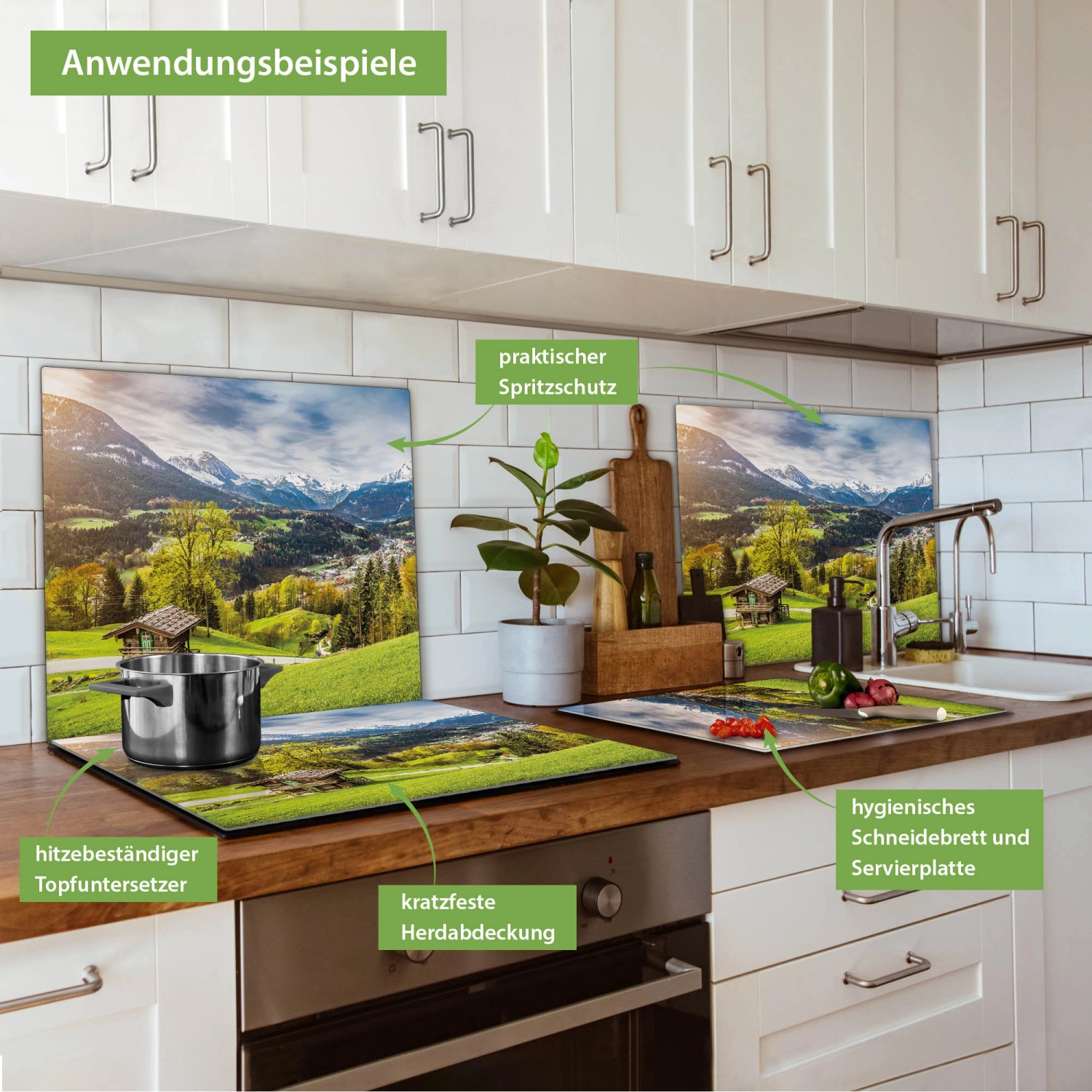 Banjado Herdabdeckplatte aus Glas mit Bergmotiv als Schneidebrett und Spritzschutz in einer Küche.